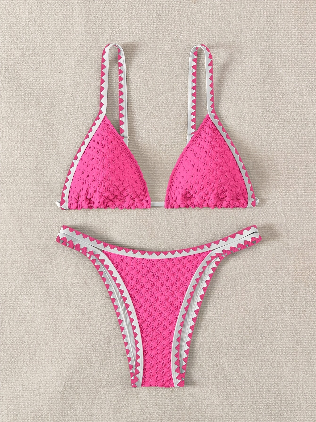 Contrast Trim Whip Stitching Textured Fabric 2 Piece Set Bikini Swimsuits, Women's Swimwear & Clothing