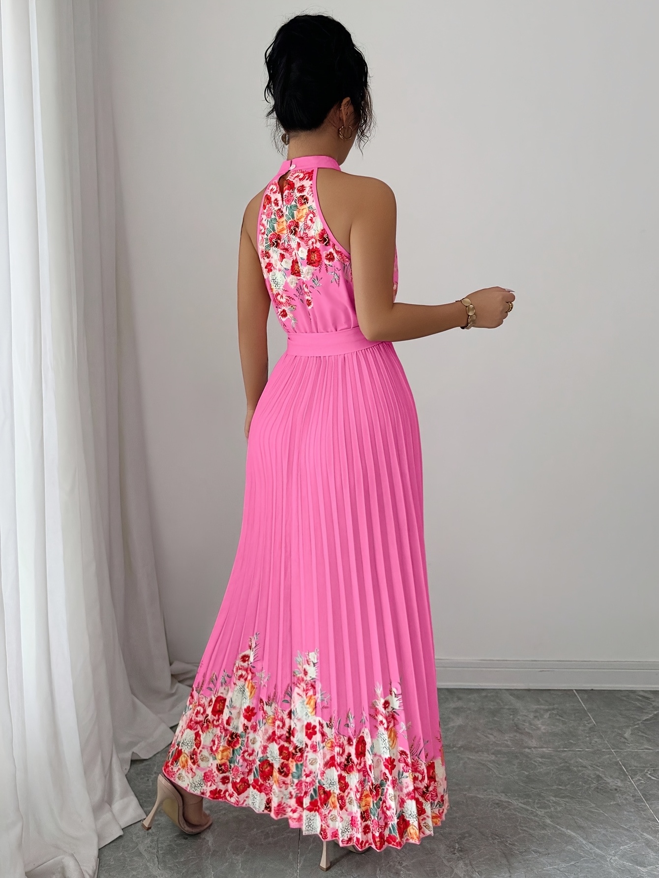 Fashionable New Women'S Summer Halter Floral Print Pleated Dress