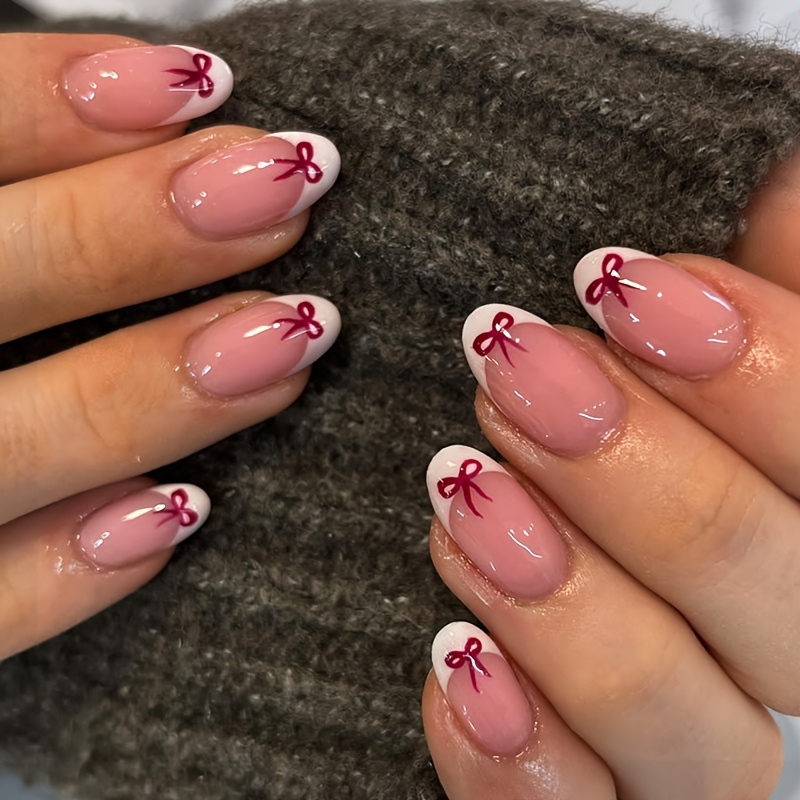 TEMU 24pcs Short Oval Bow French Minimalist Nail Art Removable Nail Stickers Wearable Finished Product