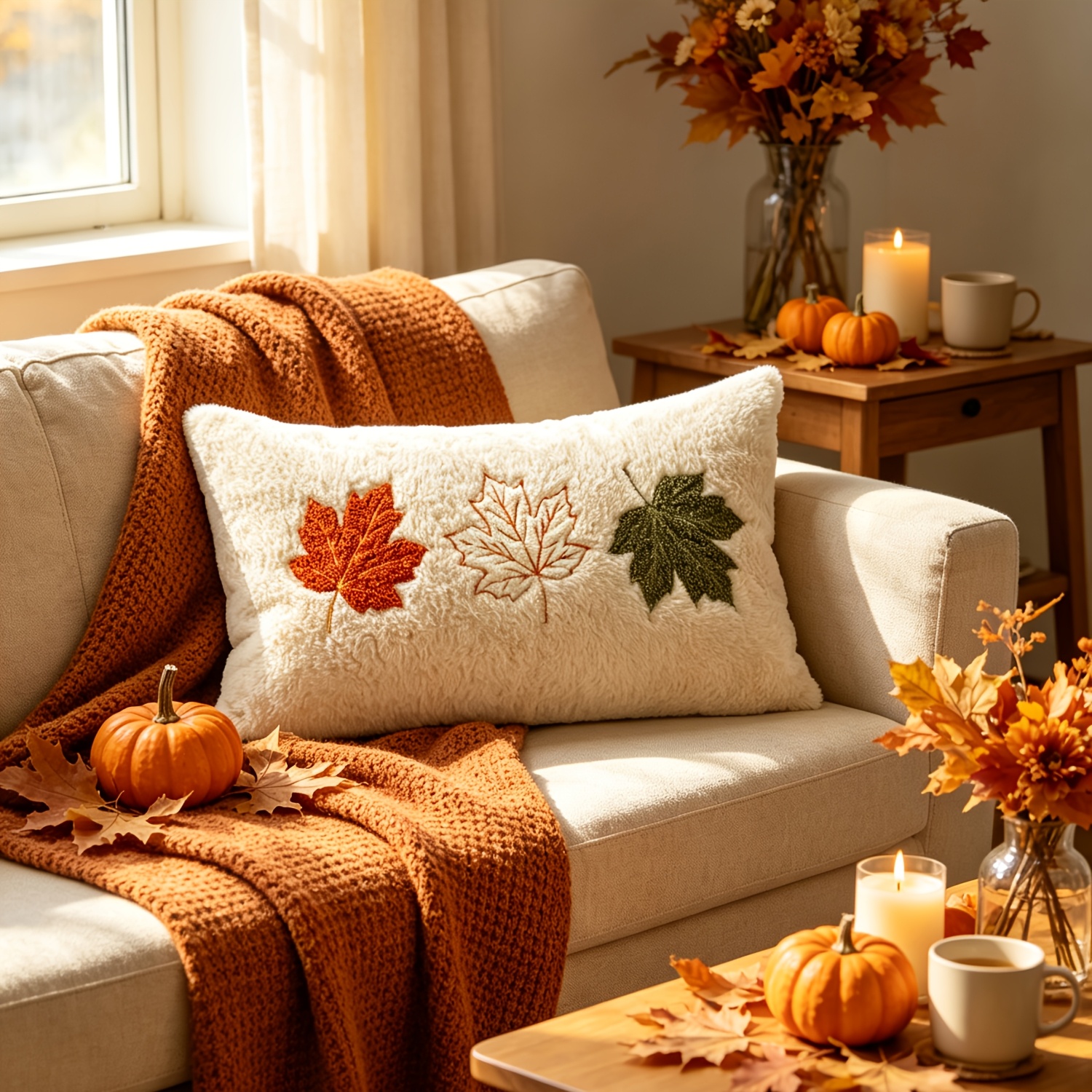 TEMU 1pc 1pcs Beige Fall Throw Pillow Cover With Pumpkin Embroidery - Soft Plush Cushion Cover Suitable For Sofa, Bed,, Retro Autumn Decor, Zipper