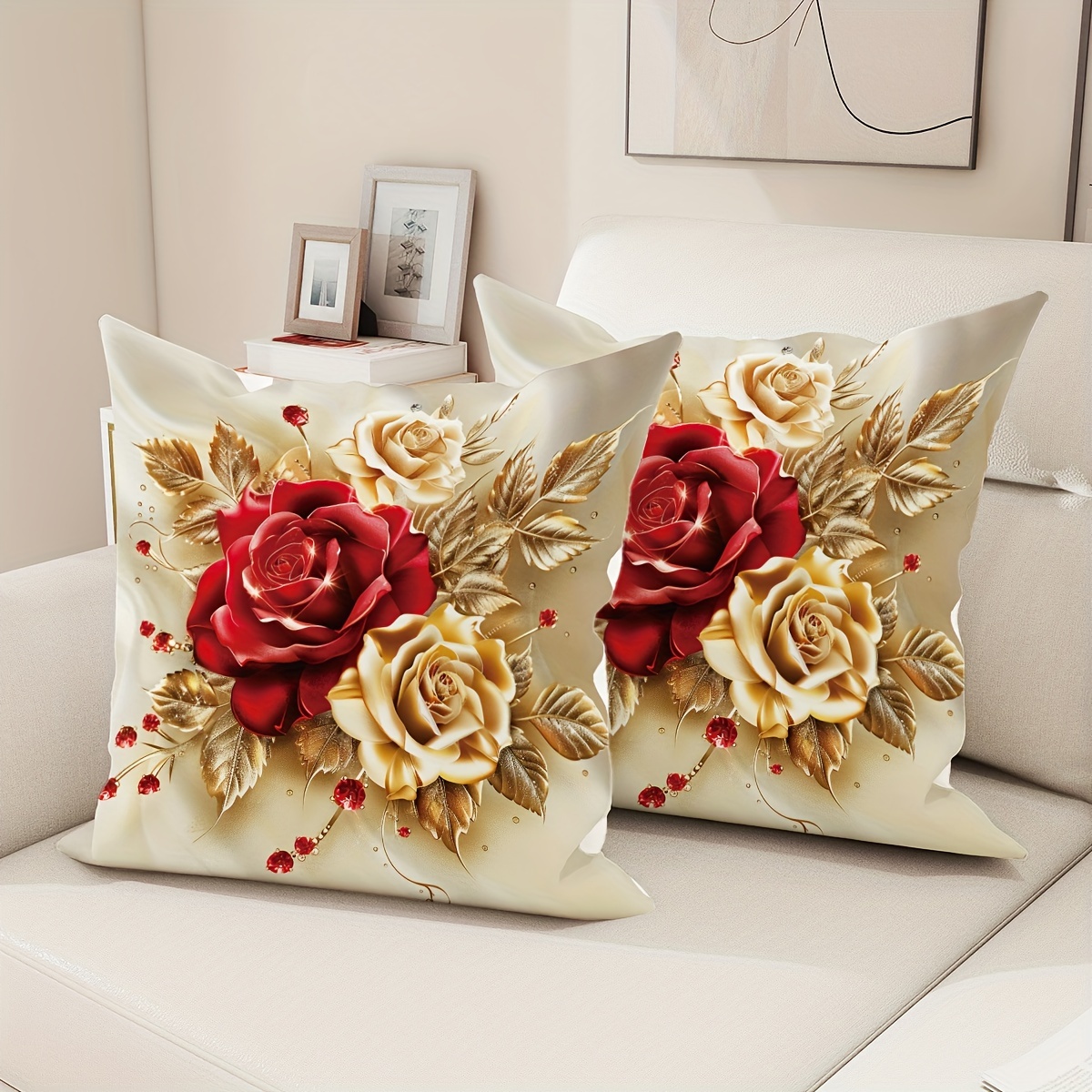 

2pcs Luxurious Velvet Throw Pillow Covers With Glittering Rose & Leaf Design - Red Golden, 18x18 Inches - Perfect For Living Room & Bedroom Decor, Zip Closure, Machine Washable