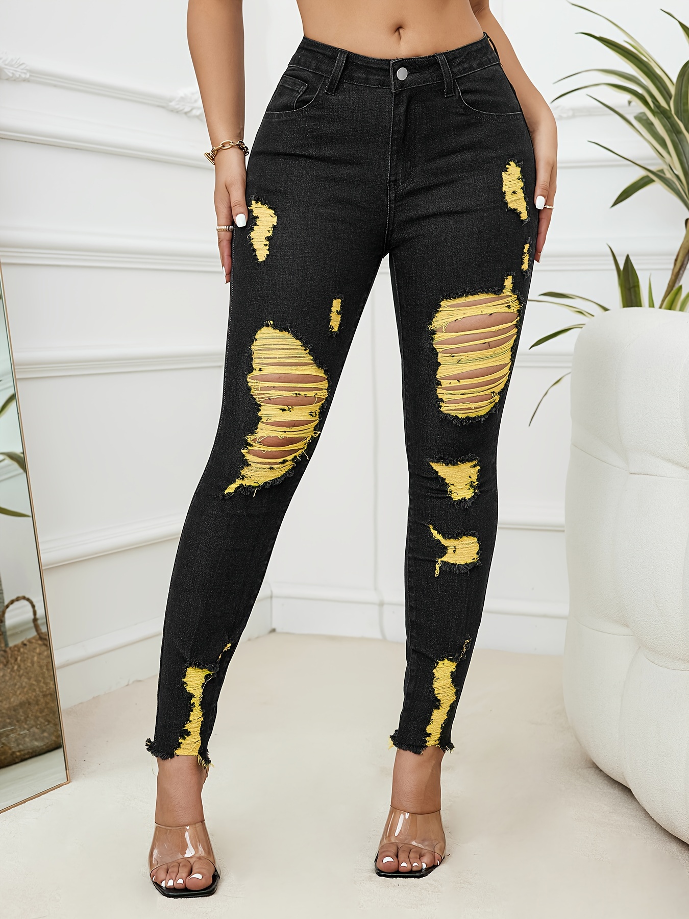 Plus Size Neon Yellow Skinny Jeans Black Jeans Yellow Stitching