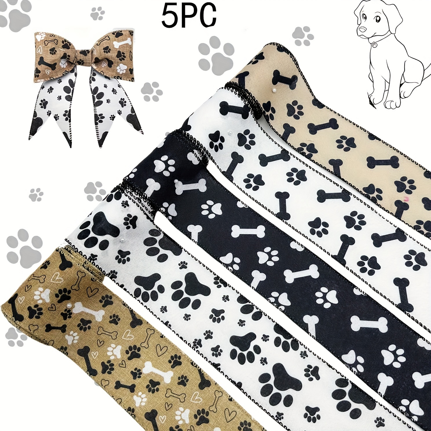 

5 Rolls, Dog Ribbon Paw Print Ribbon Wired Edge Ribbon 2.5 Inch Burlap Wired Ribbons For Crafts Party Home Ornaments Wedding Gift Diy Decoration Wrapping Bow Making Wreath Decor