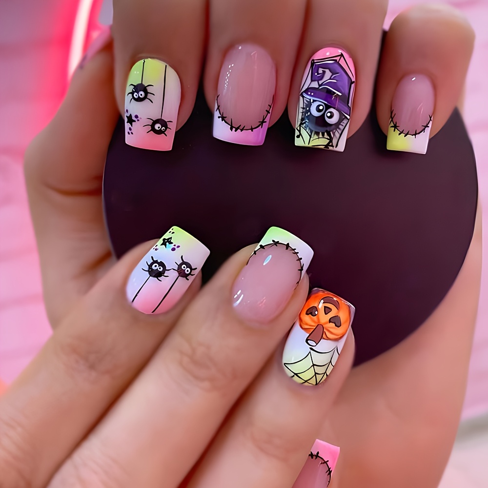 TEMU Halloween 24 uñas postizas cuadradas medianas brillantes con degradado de rayas rosas y estilo de calabaza de noche de terror, uñas artificiales