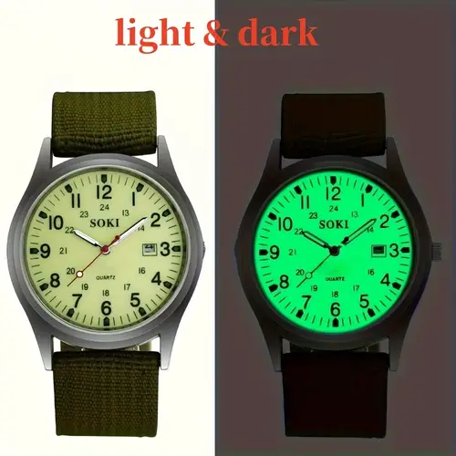 new military mens quartz watch round case green nylon strap 24 hour scale calendar luminous dial used for casual gifts