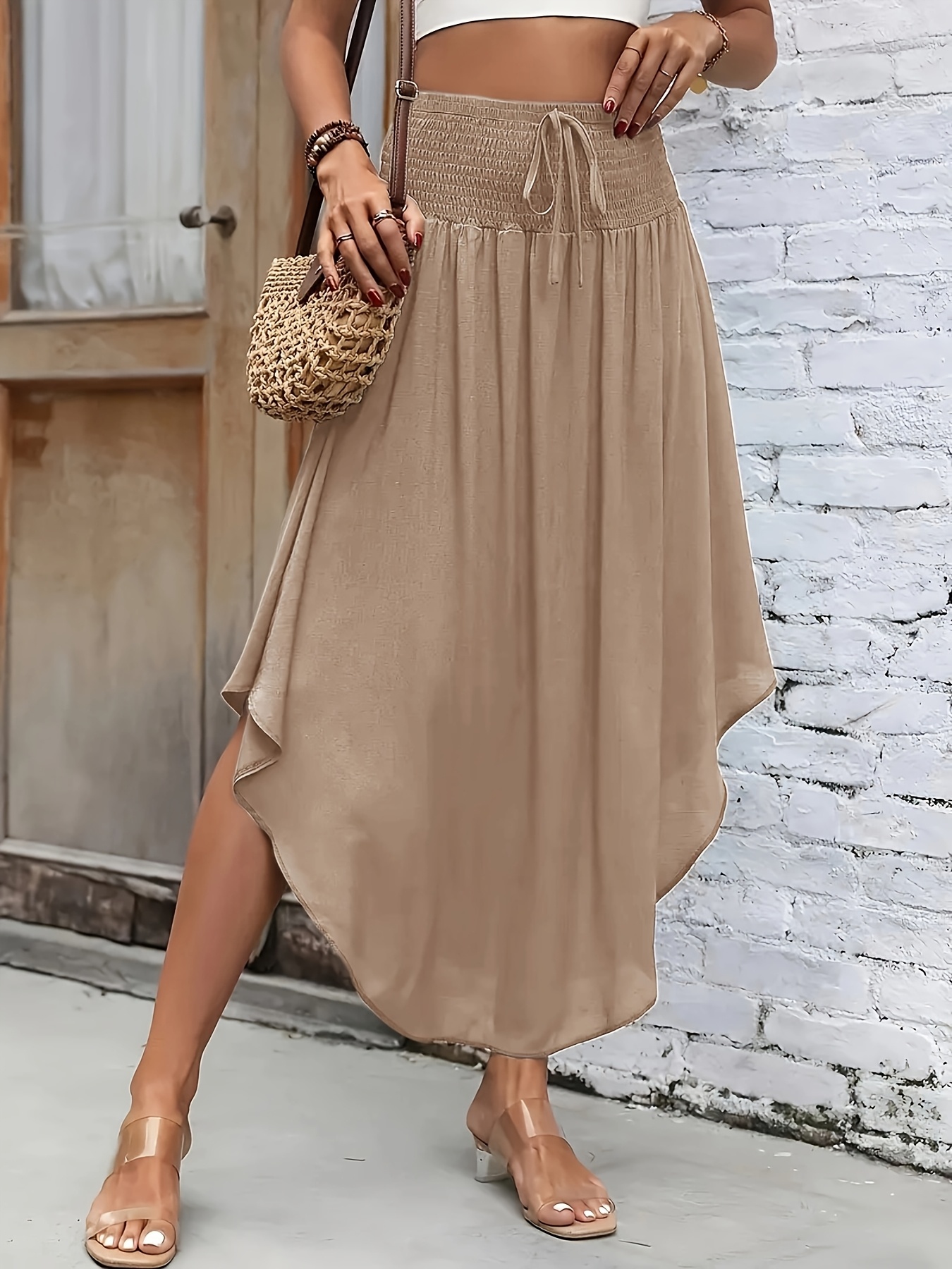 Women'* Color Pleated Waistband Midi Skirt with Scalloped Hem Elegant  Rayon Fabric for Spring/Summer/Fall Style