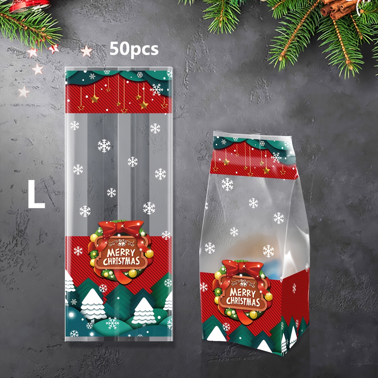Image of 50-pack New Christmas Decorative Bags For Snacks, Candies, , Transparent Self-standing Seal Bags, Holiday Gift Packaging Bags