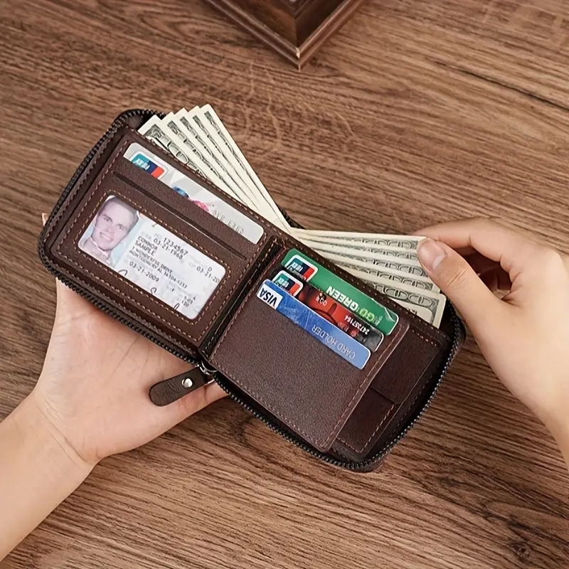 vintage style mens wallet with zipper multifunctional large capacity imitation leather birthday gift holiday gift details 1
