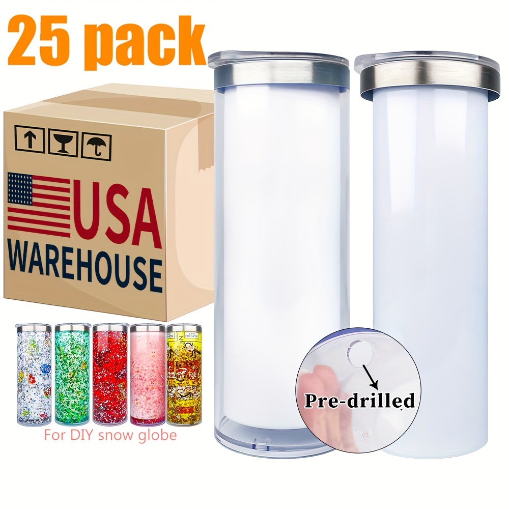 

25pcs 20oz Wholesale Double Wall Sublimation Blank Diy Glitter Snow Globe Tumbler Stainless Steel Coffee Cup White Vacuum Insulated Leak Proof Water Bottle Travel Mug With Lid For Customized Gifts