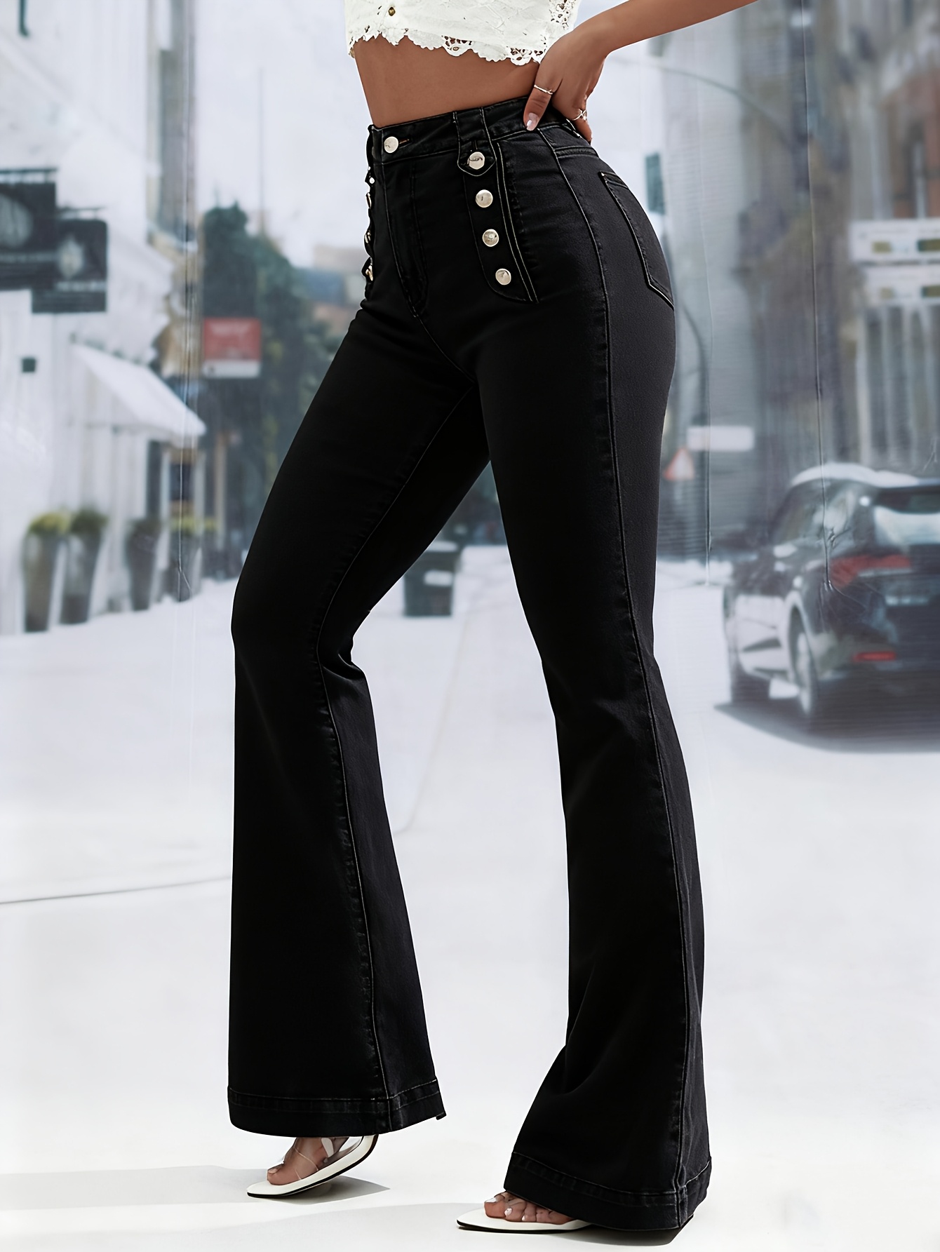 Dames High-Waisted Stretchy Jeans - Niet-Doorschijnende Broek met Knoopsluiting