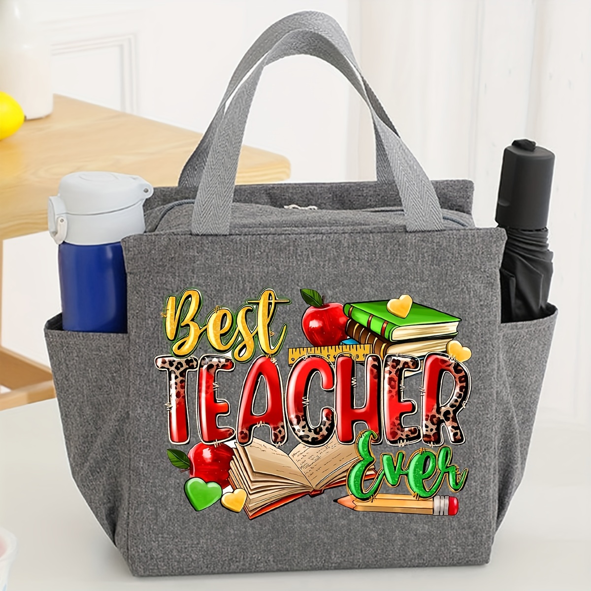 TEMU Stylish Teacher-themed Insulated Lunch Bag - Durable Canvas Tote With Prints, Zip Closure, And Polyester Lining - School, Office, Travel & Picnics - Ideal Teacher Appreciation Gift