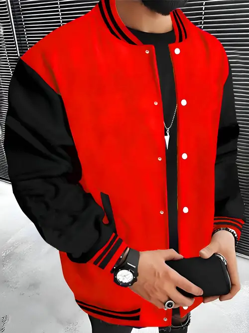 mens lightweight fleece lined varsity jacket casual baseball collar button closure machine washable polyester red black regular fit with pockets for winter casual attire trendy outerwear durable fabric stylish outerwear everyday wearers