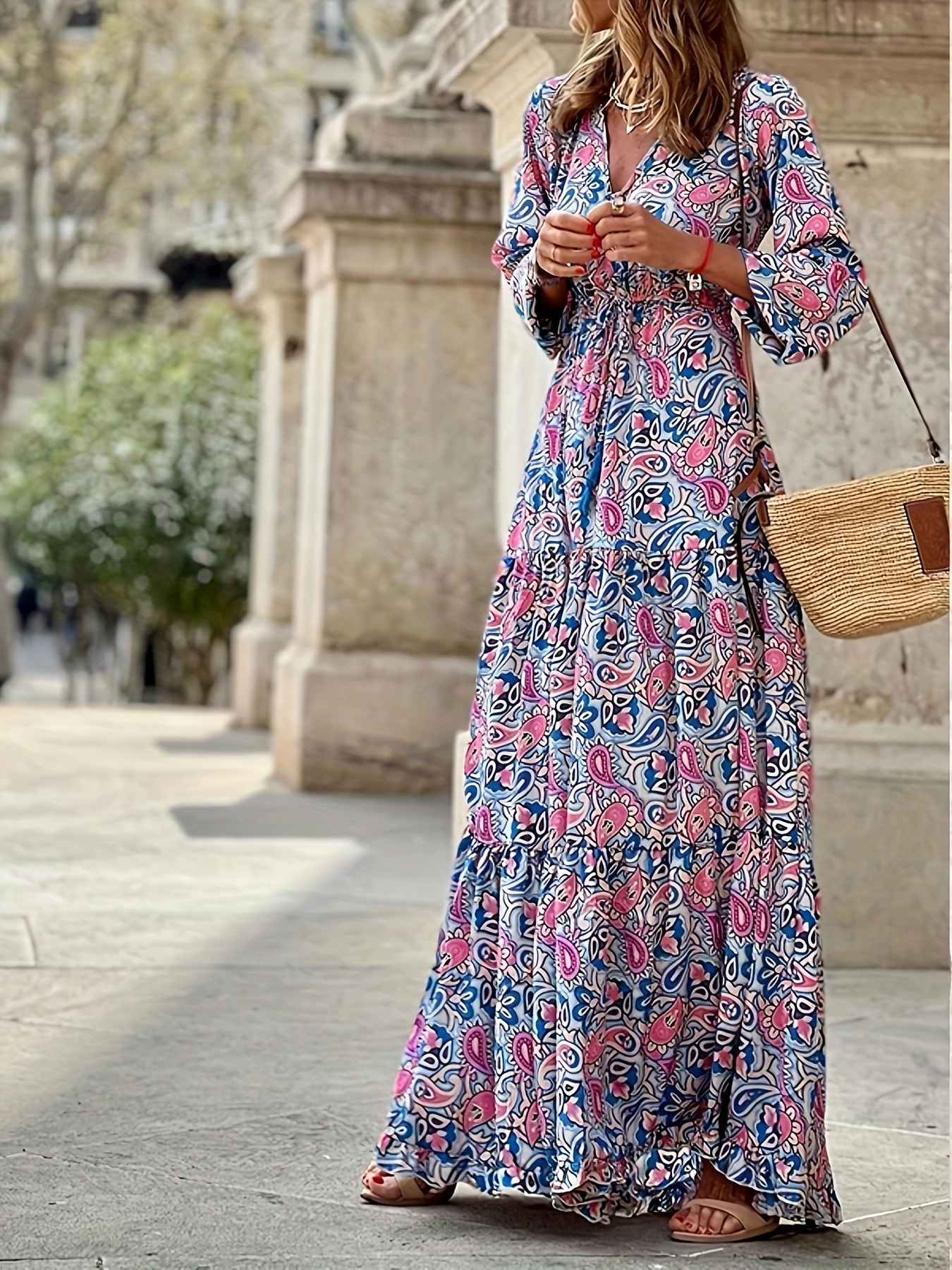 paisley print v neck maxi dress boho long sleeve dress for   womens clothing