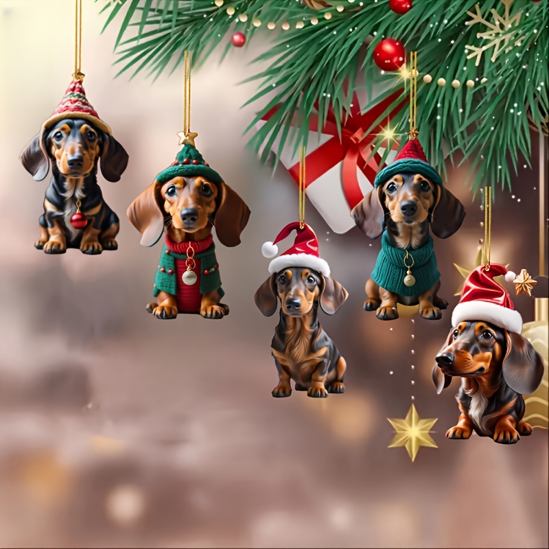 

5-pack Classic Christmas Tree Ornaments - Festive Acrylic Dachshund With Santa Hats - Charming Holiday Hanging Decorations For Home, Car, And Gift-giving - Durable, Easy-to-hang, No Electricity Needed