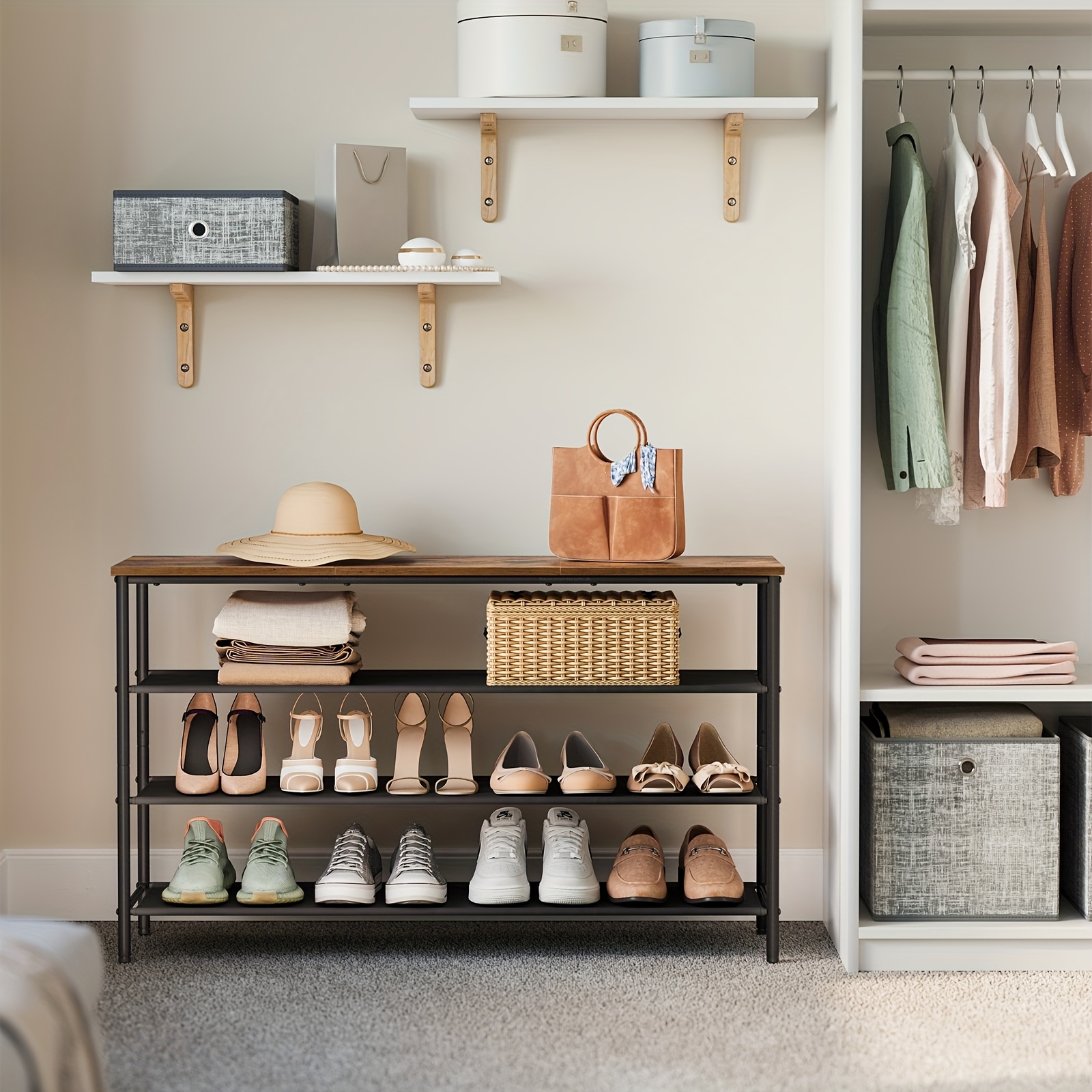 Shoe Rack 4 Tier, Narrow Shoe Storage Organiser, With 3 Fabric Shelves And Top For Bags, , For Entryway, Closet, Industrial