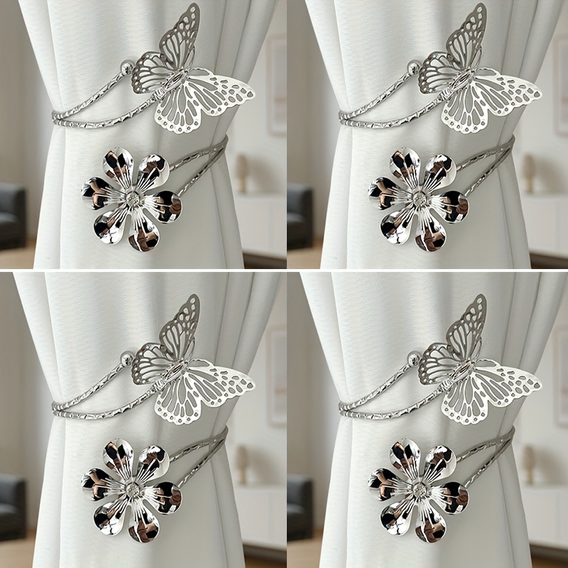 E-shop 4er-Set Elegante Metall Schmetterling & Blumen Vorhangbinder - Bohrerlose Kleiderbügel mit filigranem Ausstanzdesign, -Stil für Zuhause & Hotel