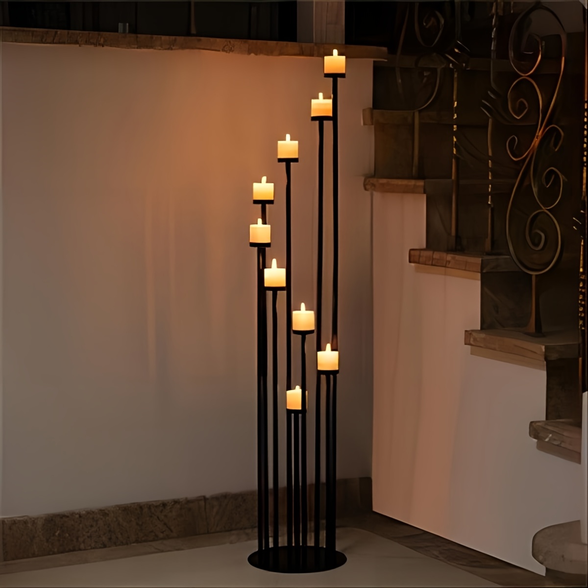Image of Black 9 Arm Floor Candle Holder For Party Decor, Metal Candle Holders For Weddings, Dinner Parties Formal Events(candle )