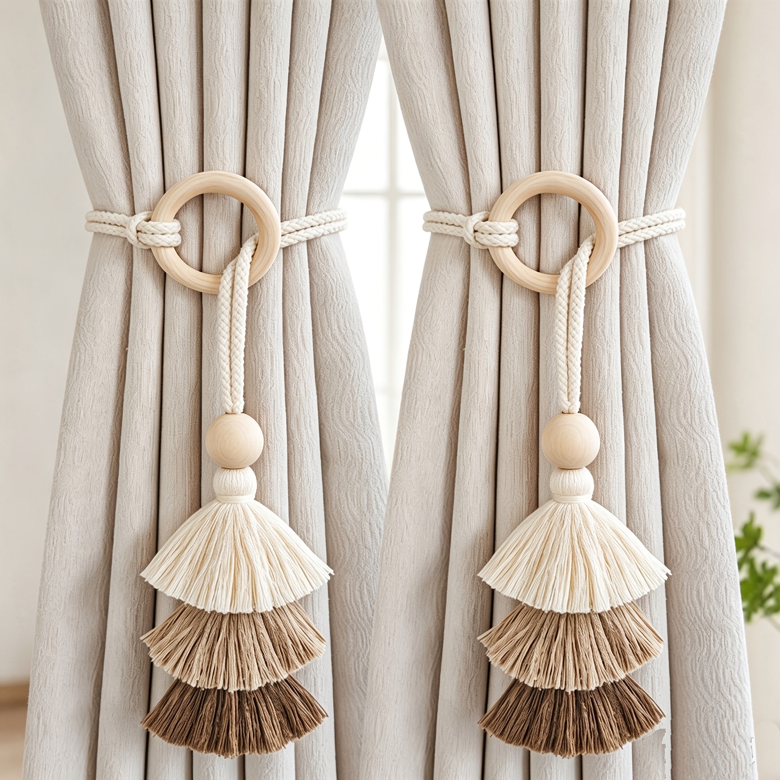 TEMU 2pcs Round Ring Bead Tassel Curtain Tie - Style Rope Woven Three-tone Gradient Tassel, Foldable Curtain Decor, Bedroom Living Room Window Tie