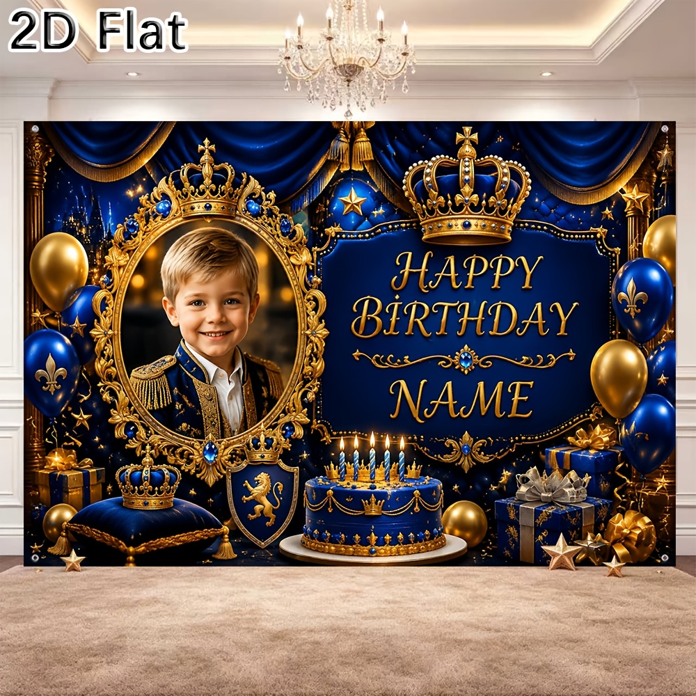 TEMU 2d Flat - [2d Flat] 1pc Party Banner Customizable Name And Royal Blue Golden Themed Happy Birthday Backdrop For Birthday Celebration Event