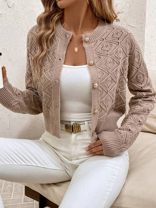 womens casual geometric pattern cardigan solid color button front crop sweater with crew neck long sleeves regular fit h silhouette for layering cropped cardigan fashion textured knitwear