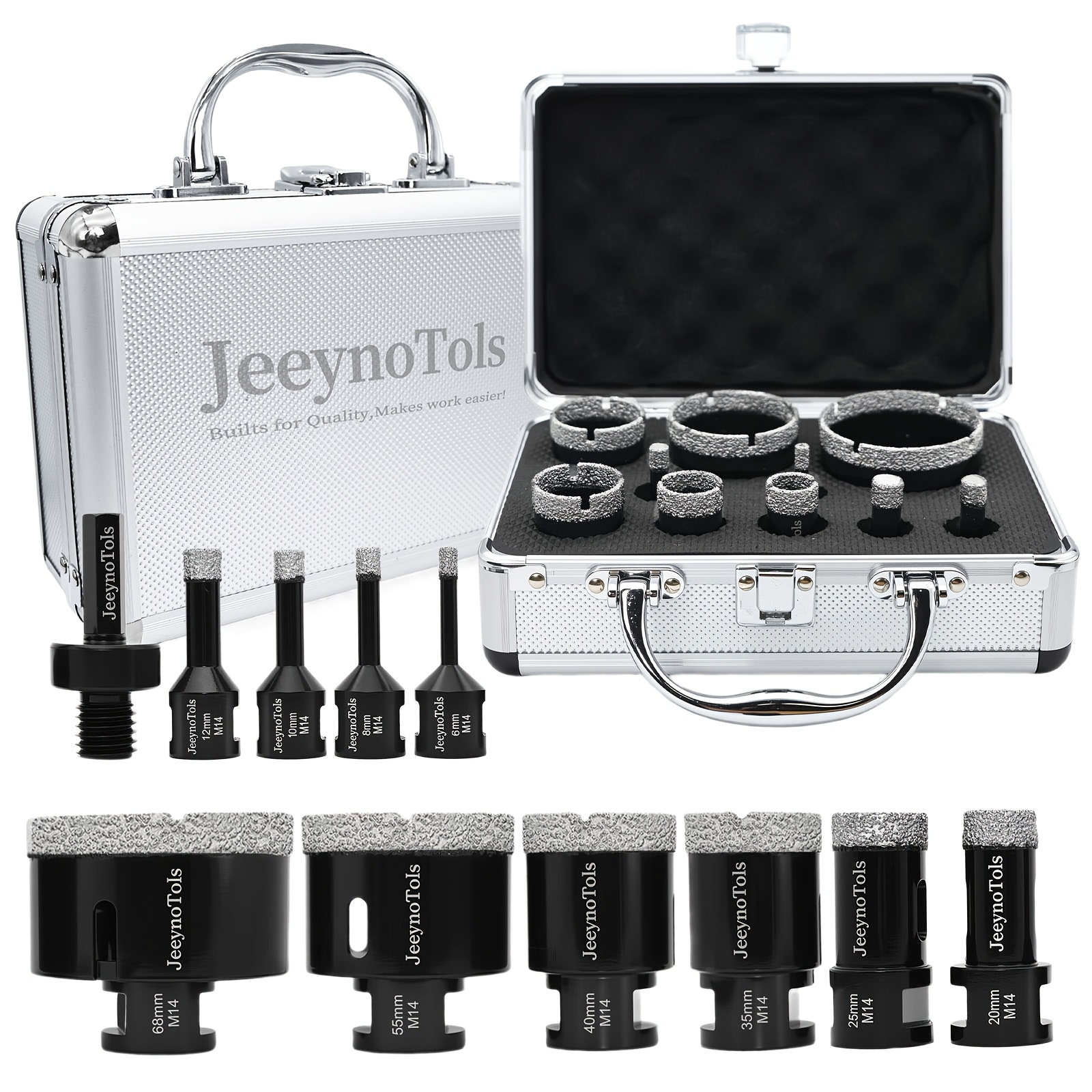 Set suhih svedrov 11 kosov, svedri od 6 do 68 mm in adapter s šestrobim steblom, z navojem M14, orodje za ploščice, škatla za orodje za mošk