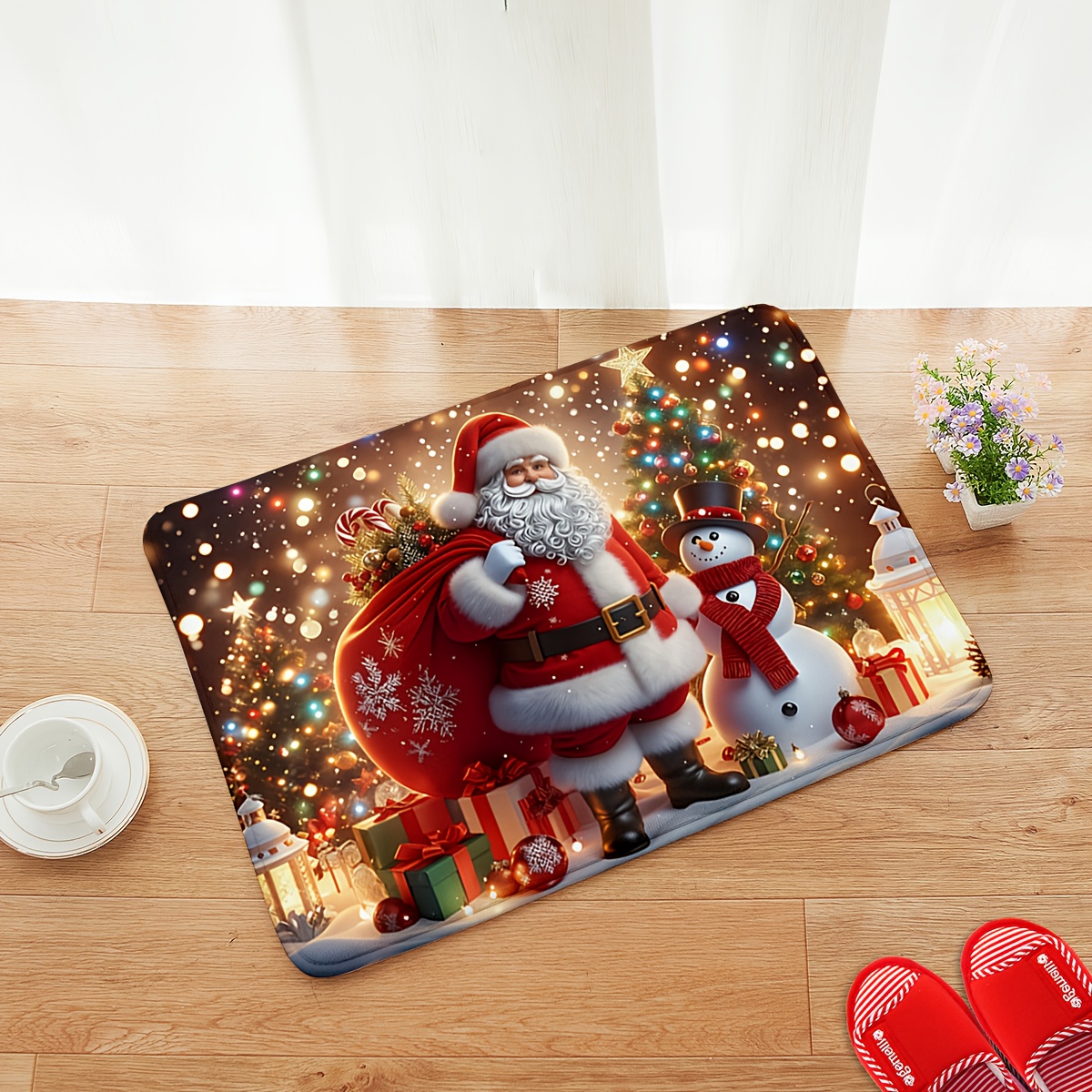 TEMU 1pc Santa Claus, Snowman, And Christmas Tree Pattern Printing Floor Mat For Home Entrance, Home Christmas Atmosphere Decoration Mat, Christmas