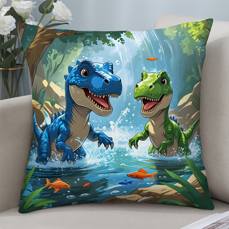 TEMU 1pc Dinosaur Pillow Cover, Zip Closure, Single-sided Print, 18x18 Inches, Short Plush Cushion Cover, Machine Washable, Made Of Polyester Fiber,