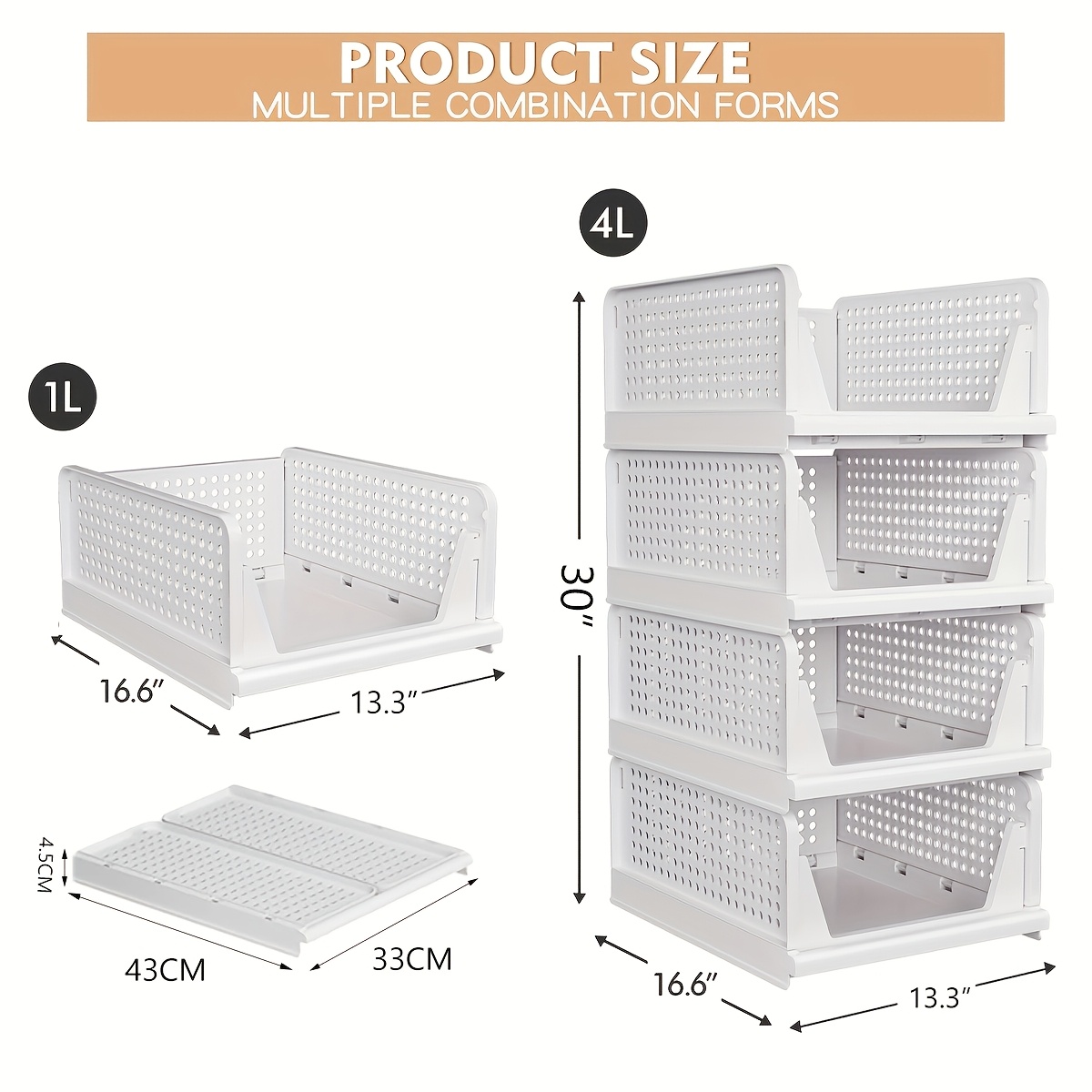 TEMU 4 Pack Folding Closet Organizers Box, Stackable Plastic Basket, Drawer Shelf Container For Cupboard Kitchen Bathroom Bedroom