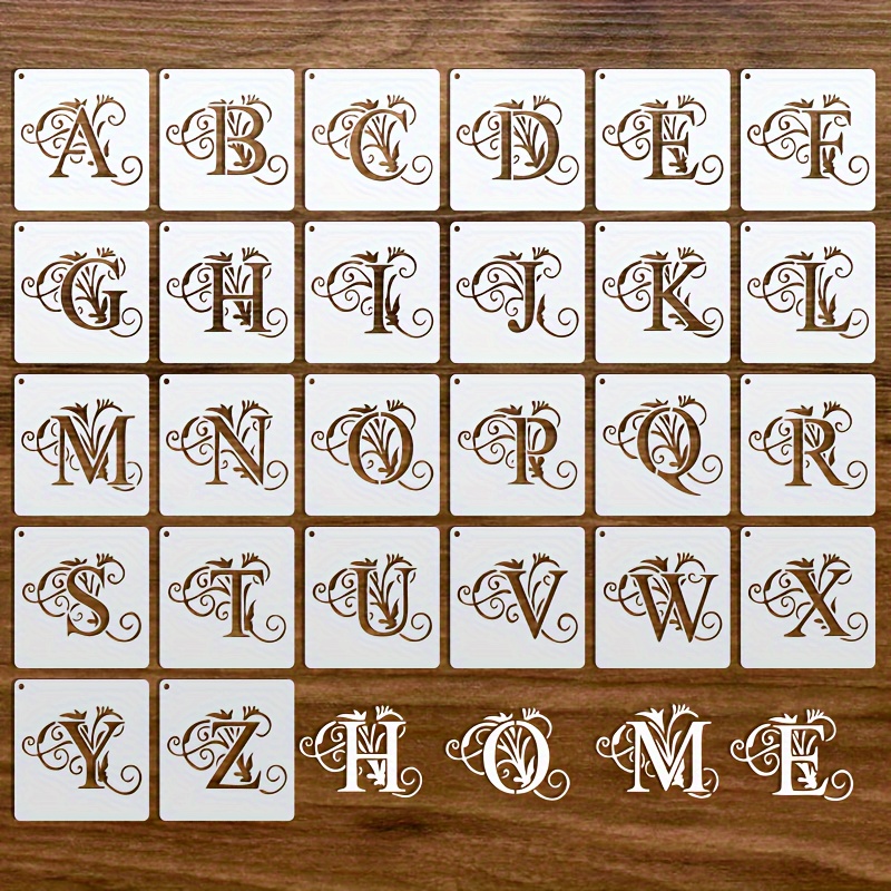 TEMU Floral Alphabet Stencils Set Of 26, 4 Inch Reusable Painting Templates For Diy Crafts, Fabric Transfers, Scrapbooking, Cards, Engraving, Etching