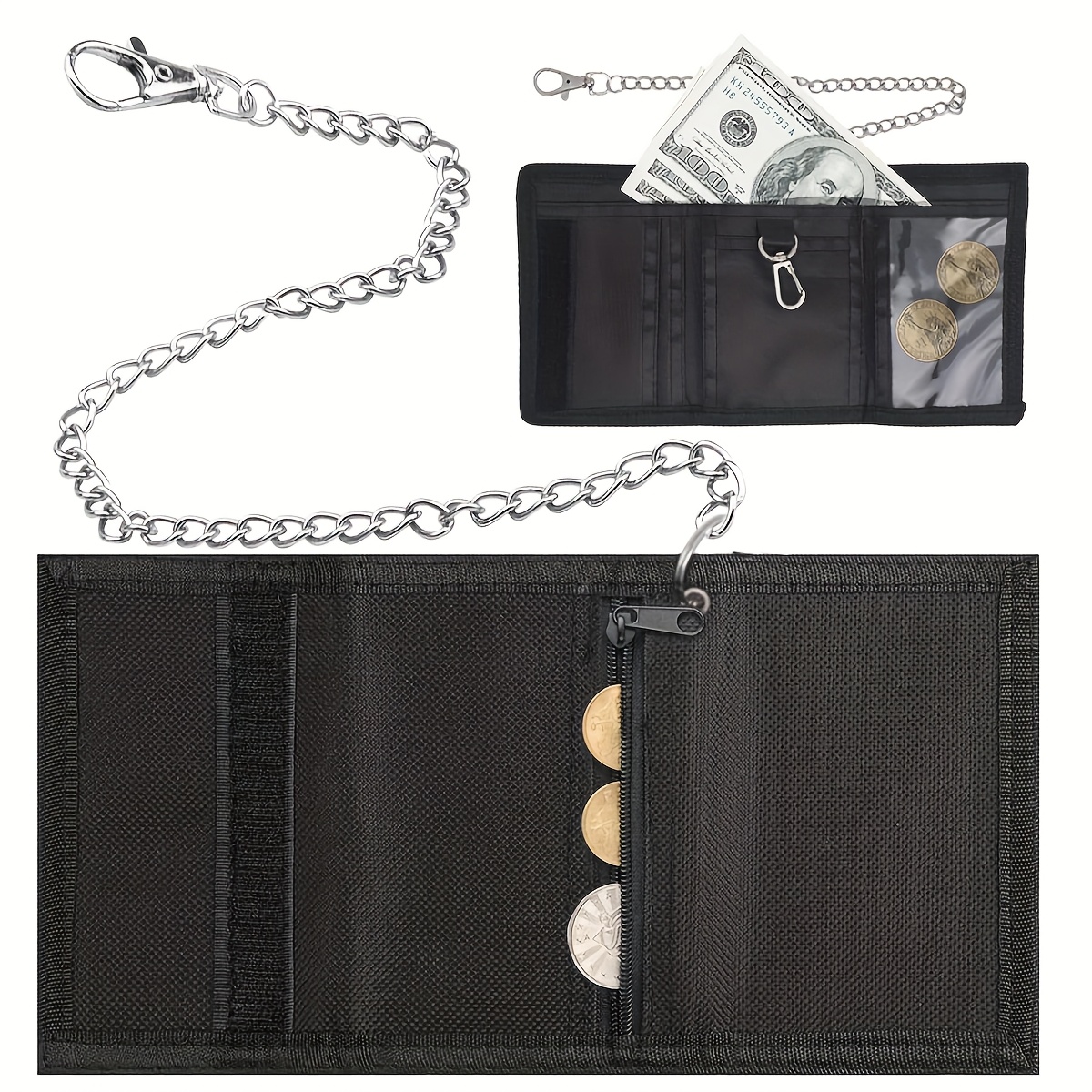 Image of Slim Black Wallet With Chain Clip & Zipper - Foldable Anti-theft Money Pouch For Teens, Boys, And Men - Street With Multiple Compartments, Small Wallet