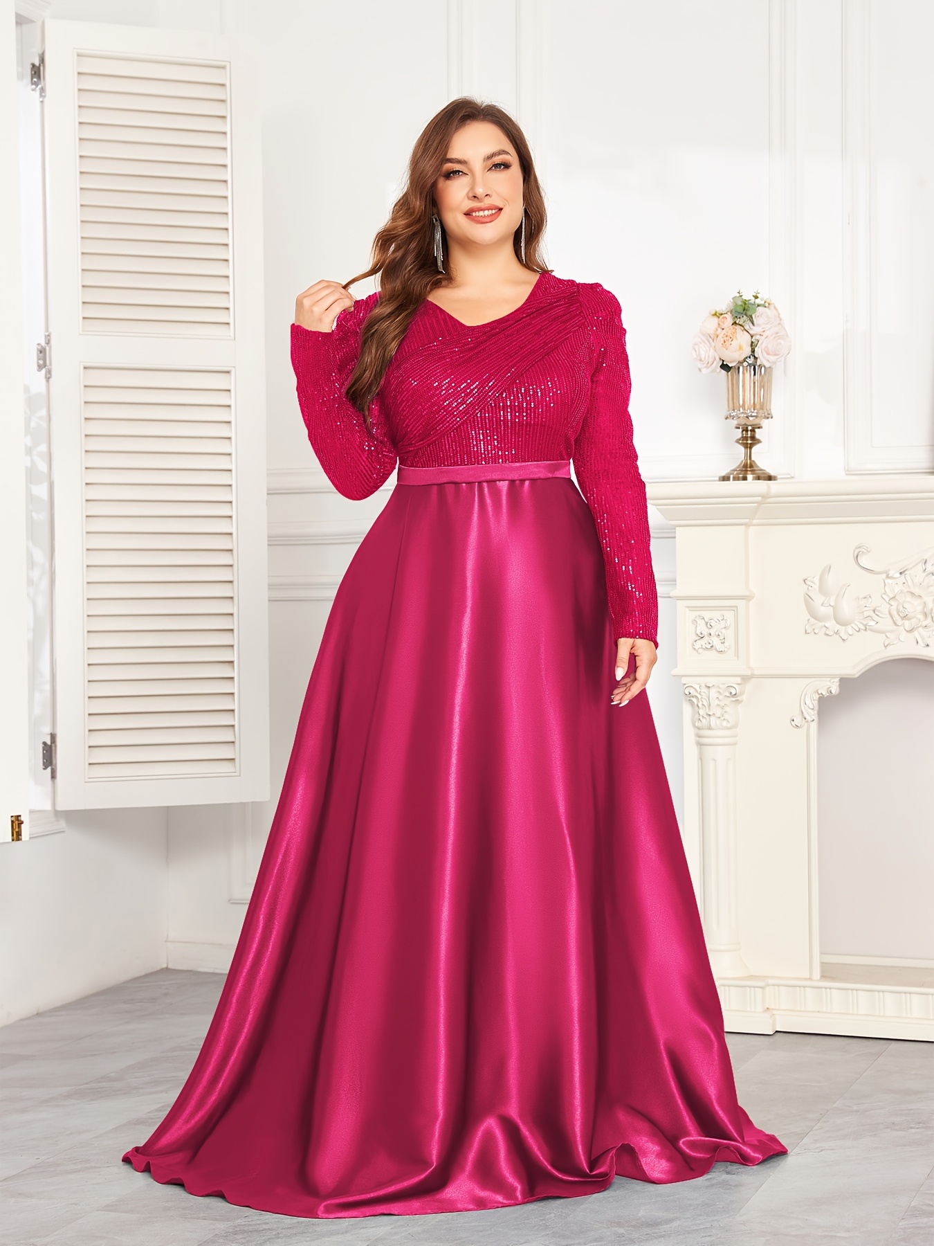 Plus Size, New Plus Size Gown, Sequined Long Sleeve V-Neck Waist-Cinching Satin Full Skirt Wedding Evening Dress