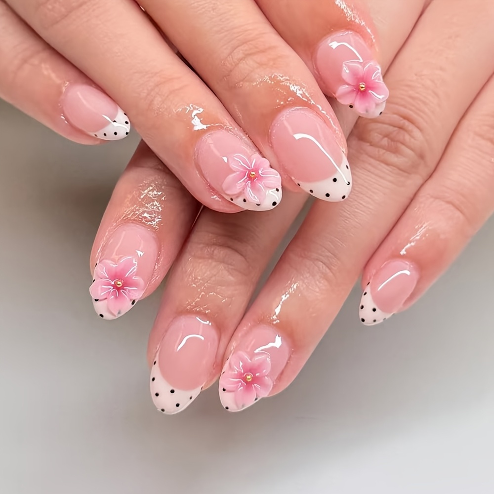 24pcs Short Oval 3d Fake Nails, 3d Gel Pink Floral Polka Dot Nail Tips, Perfectly Fitting Exquisite Nail Pieces, Short Nail Set Suitable For Women' Work And Holiday Parties