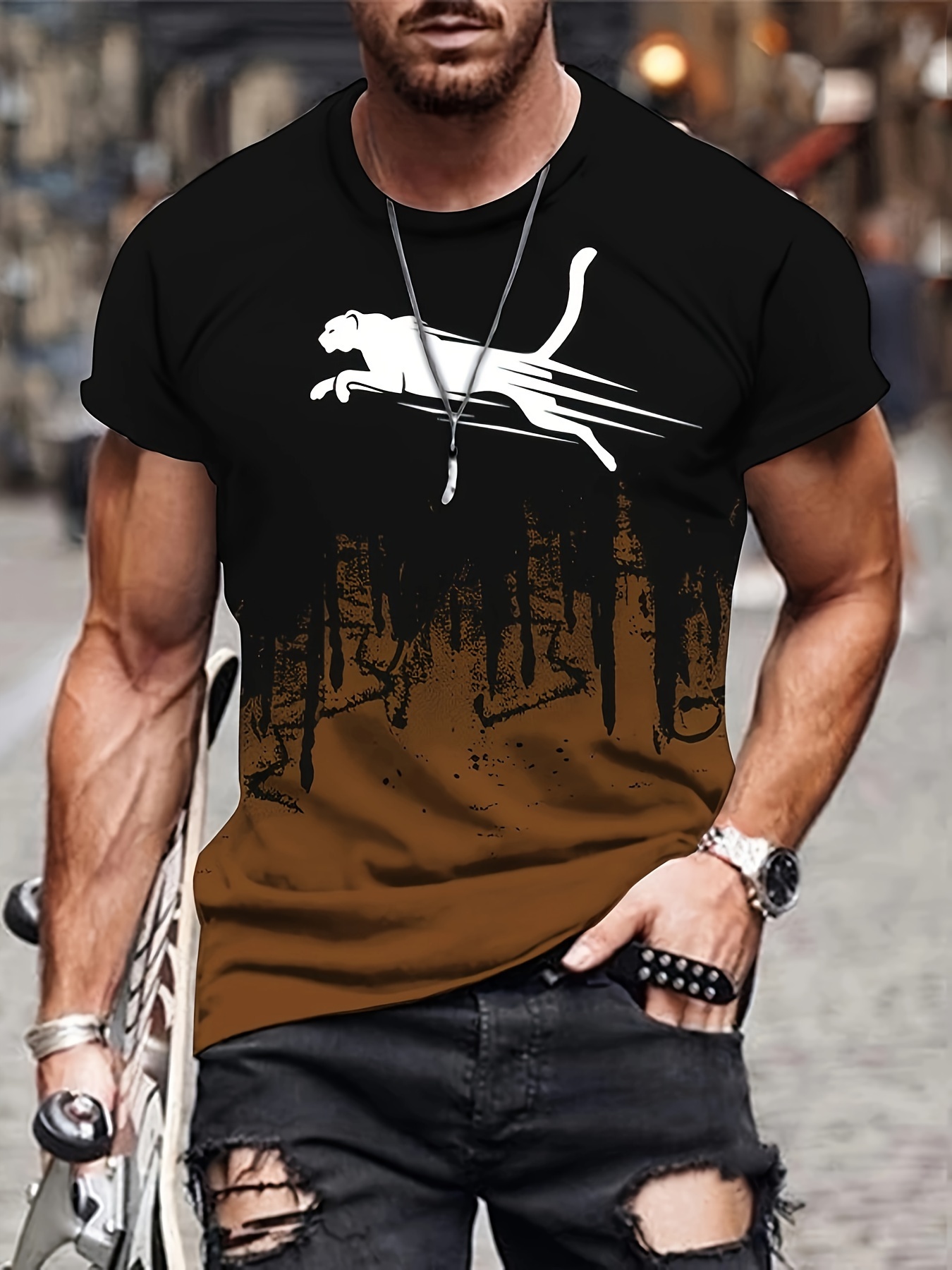 Leopard Pattern Print Men's Color Blocked Crew Neck Short Sleeve T-Shirt Casual Summer T-Shirt For Daily Wear And Vacation Resor