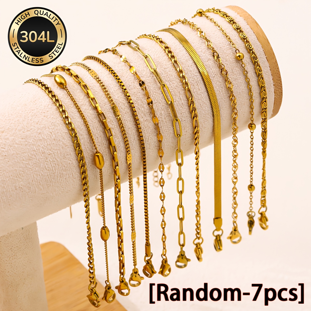 TEMU [ Aléatoire - 7 pièces ] Ensemble de bracelets pour femmes en acier inoxydable plaqué or, bijoux pour femmes étanches et résistants à la