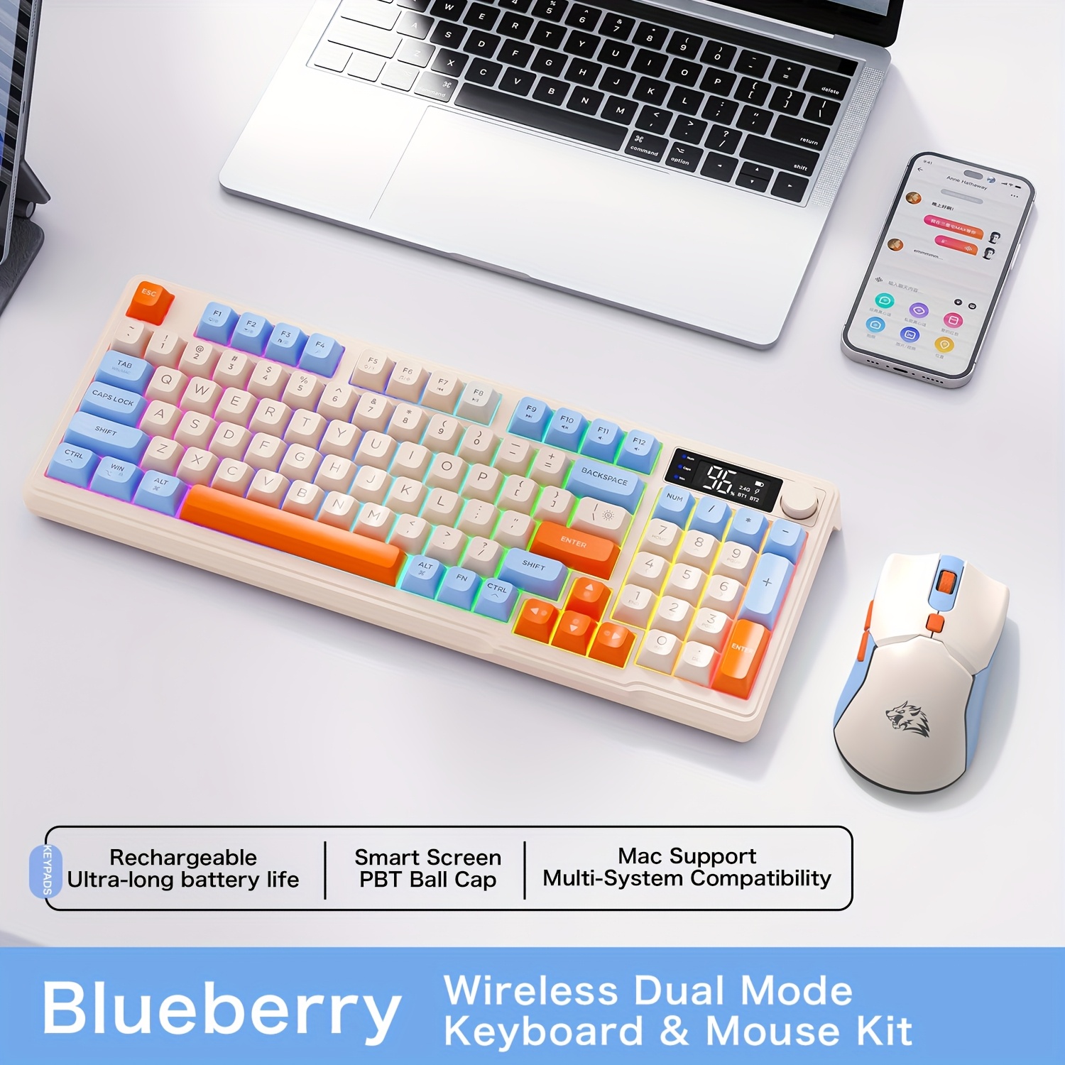ZIYOU LANG T96 Wireless Gaming Keyboard and Mouse Combo Compatible for PC/Laptop/Mac - Dual Wireless/2.4G RGB Backlit Mechanical Feel Keyboard with Smart Display, Knob Controls & 4000 DPI Mouse, Wireless Combo for PC Gaming (No)