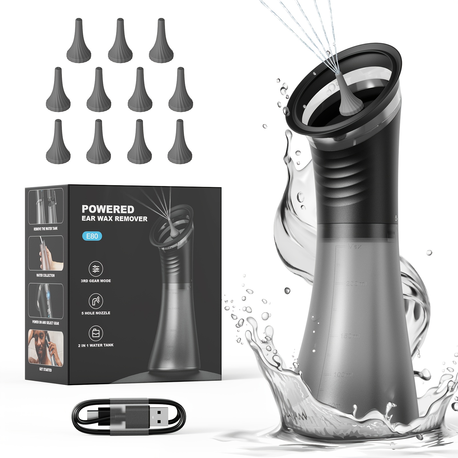 Image of Electric Ear Wax Removal System With 2000mah Battery Water Powered Ear Cleaning Tool With Irrigation Flusher, Ipx7 Waterproof, 3 Pressure Settings Safe And Effective, Best Christmas Gift For Parents