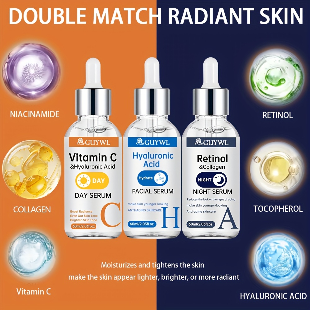 Le coffret 3 pièces de Guywl comprend des sérum de vitamine C, de rétinol et d'acide hyaluronique jour et nuit, associés au collagène, à l'acide tranexamique et à la niacinamide. Il éclaire le teint, raffermit la peau, hydrate en profondeur et uniformise le teint.
