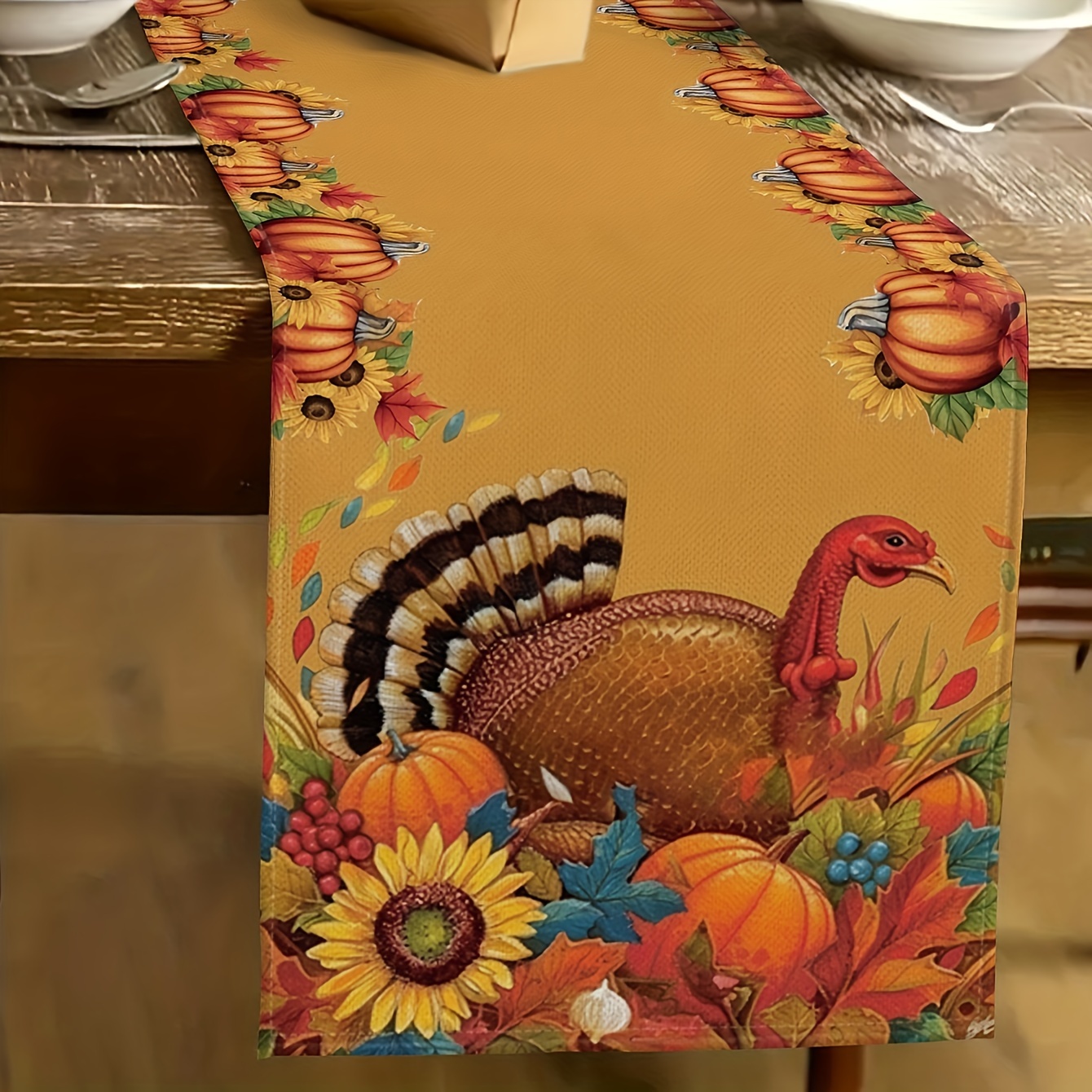 

Autumn Harvest Thanksgiving Turkey Table Runner - 100% Polyester Woven Rectangular Dining Table Decor For Indoor & Outdoor Family Gatherings, Holiday Kitchen Tabletop Decoration - 1 Piece