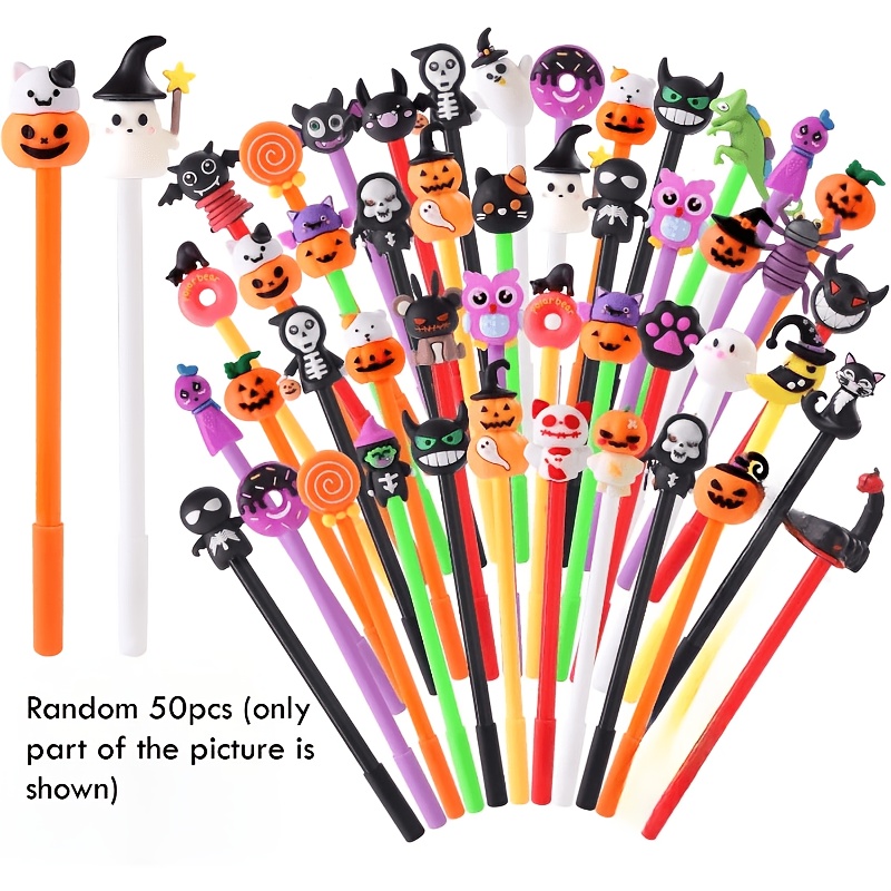 TEMU Random 50 Halloween Black Gel Ink Pens - Cute Pumpkin, , , Bat Designs | Assorted Cartoon Halloween Black Pens, Bulk Novelty Stationery, Office