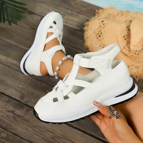2025 new womens thick soled sandals round toe comfortable casual walking shoes hollowed out wedge sole breathable sandals fashionable and popular