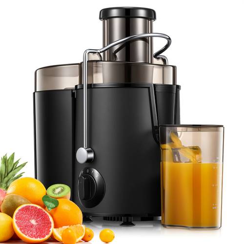 juicer with a large feed chute for whole fruits and vegetables easy to clean stainless steel centrifugal design non slip base silver end