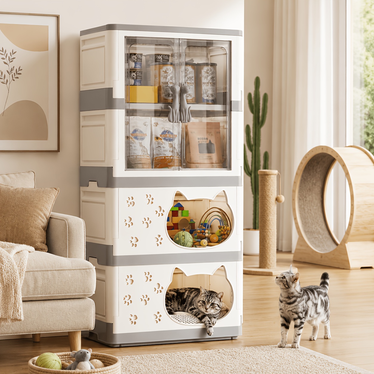 Image of Cat Condo Storage Cabinet, 3-tier Pet Furniture & Supply Organizer, 119cm Tall, 2 Cozy Hideaways For Cats & Small Dogs, Clear Magnetic Doors, Easy-clean Plastic For Living Room, Bedroom & Apartment
