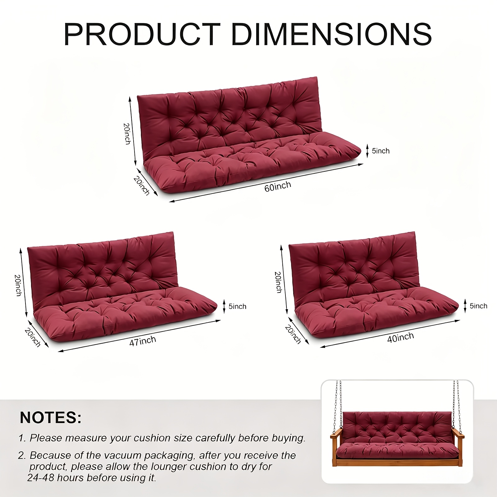 3-Seater Waterproof Outdoor Porch Swing Cushion with Backrest - Suitable for Outdoor Furniture, Thick 5