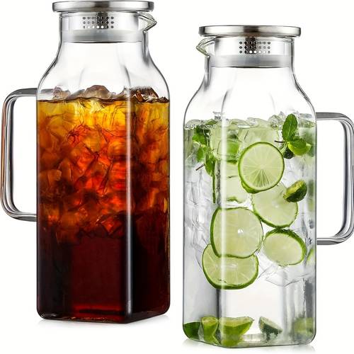 2 pack 68oz square glass pitcher with lid and handle for fridge iced tea and coffee carafe beverage serveware heat resistant borosilicate water jug for hot cold drinks and milk 304 stainless steel lid