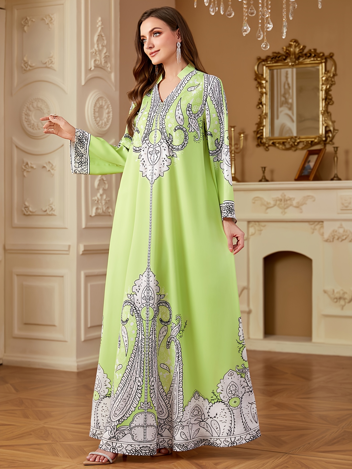 ladies geometric pattern long sleeve a line dress elegant - Temu