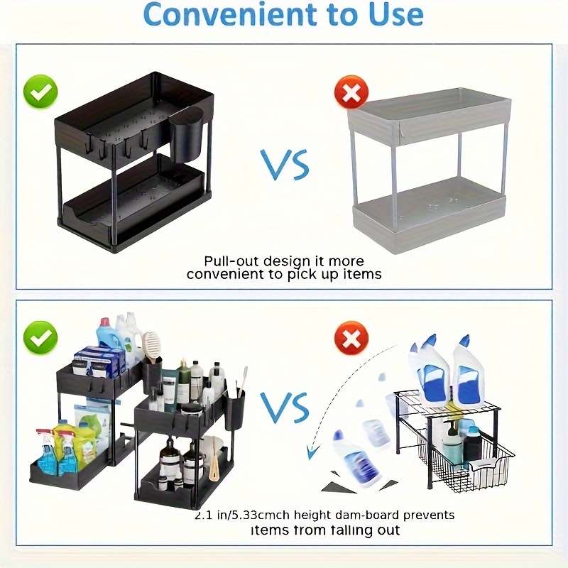 2 tier sliding under sink organizer with hooks versatile storage drawers for kitchen bathroom bedroom cabinets details 5
