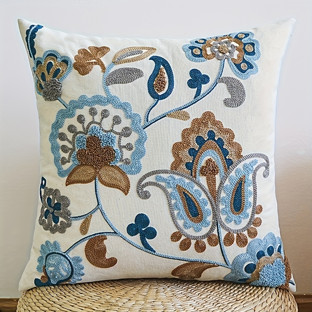 Image of 1pc Floral Embroidered Pillowcase: Soft Comfortable Cushion Cover For Bedroom Bedding And Sofa, Home Decor With Invisible Zipper Closure, Durable Fabric - Pillow Insert Not Included, 17.7inch*17.7inch
