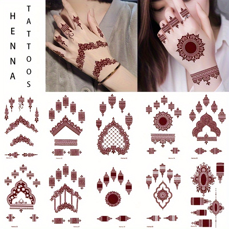 

10 Pcs High-quality Fashion Style Henna Temporary Tattoos, Waterproof Henna Sticker Decals, Long-lasting Reddish Brown Hand Tattoos For Women, Oblong Shape