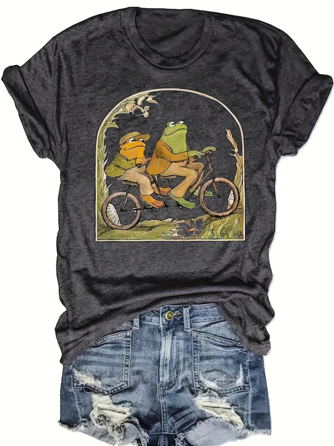 Plus Size Frog Print T-Shirt, Casual Crew Neck Short Sleeve T-Shirt, Women's Plus Size Clothing