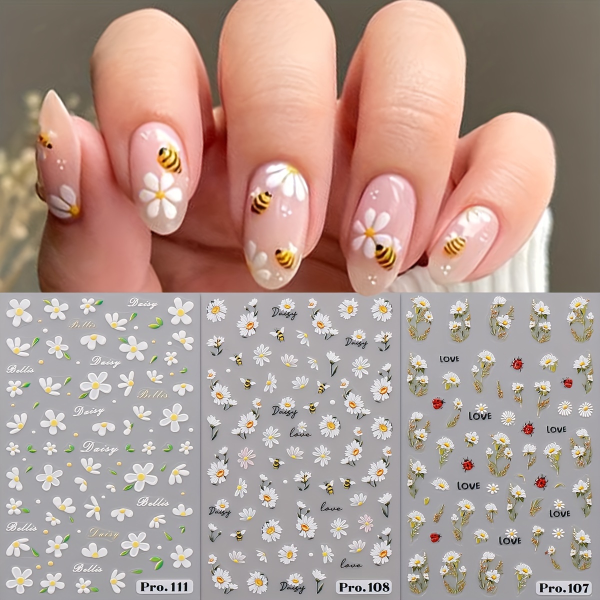 

3 Sheets 5d Embossed Summer Daisy Design Nail Sticker Self Adhesive Decoration Spring Flower Nail Decoration Accessories